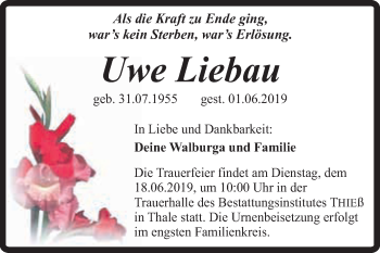 Traueranzeige von Uwe Liebau von Super Sonntag Quedlinburg