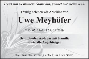 Traueranzeige von Uwe Meyhöfer von WVG - Wochenspiegel Bitterfeld