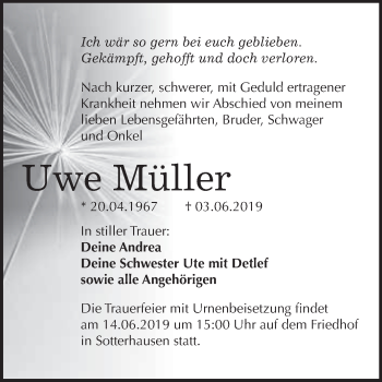 Traueranzeige von Uwe Müller von Super Sonntag SGH Mansf. Land