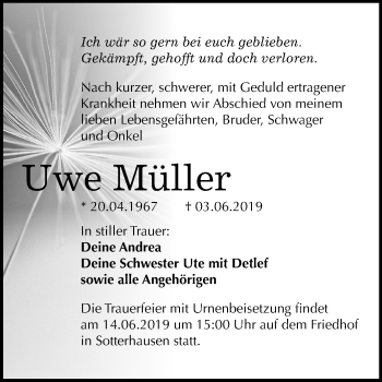 Traueranzeige von Uwe Müller von Mitteldeutsche Zeitung Sangerhausen
