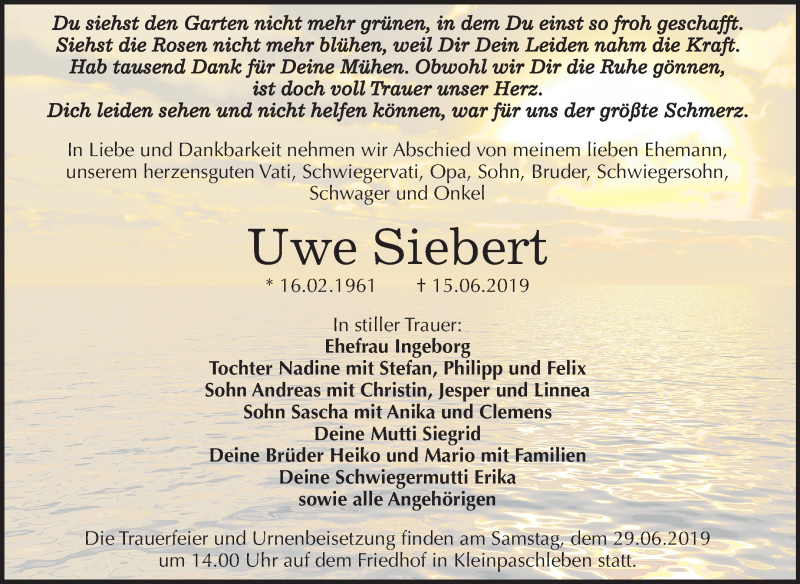  Traueranzeige für Uwe Siebert vom 22.06.2019 aus Mitteldeutsche Zeitung