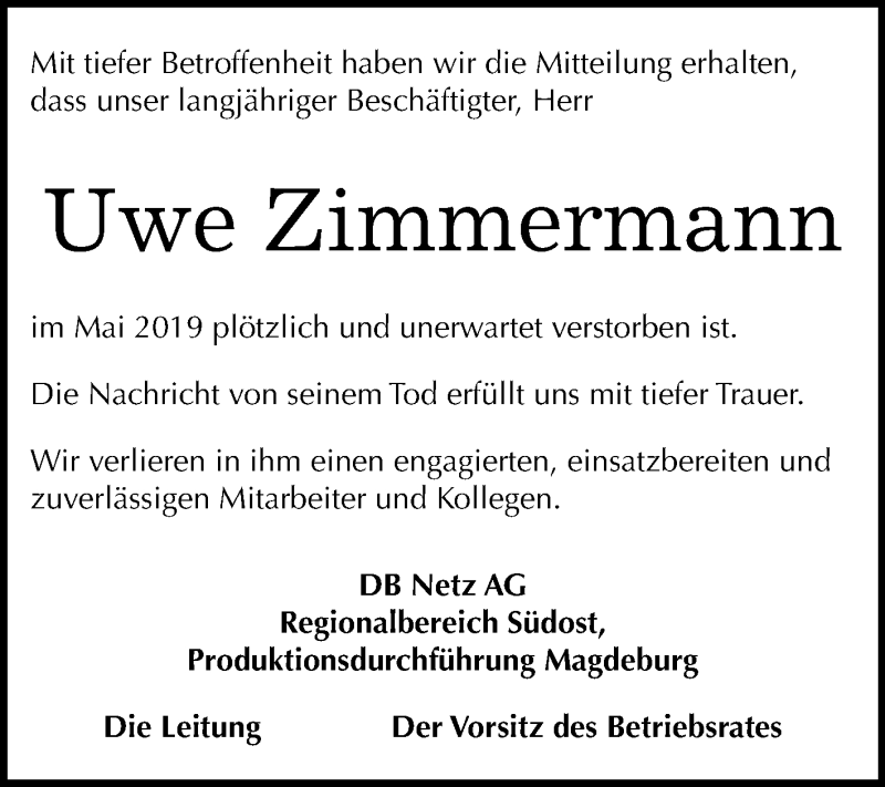  Traueranzeige für Uwe Zimmermann vom 15.06.2019 aus Mitteldeutsche Zeitung Köthen