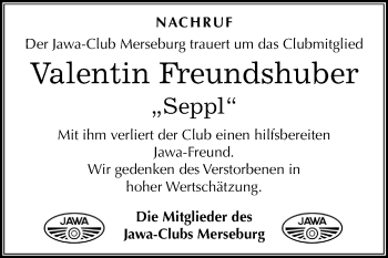 Traueranzeige von Valentin Freundshuber von Mitteldeutsche Zeitung Merseburg/Querfurt