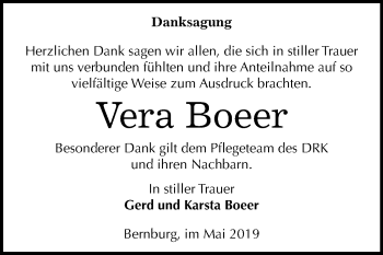 Traueranzeige von Vera Boeer von Mitteldeutsche Zeitung Bernburg