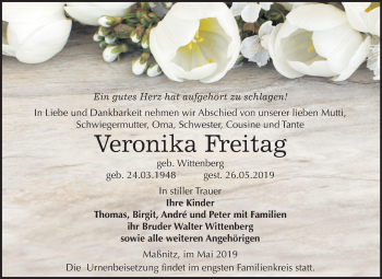 Traueranzeige von Veronika Freitag von Mitteldeutsche Zeitung Zeitz