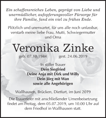 Traueranzeige von Veronika Zinke von Super Sonntag SGH Mansf. Land