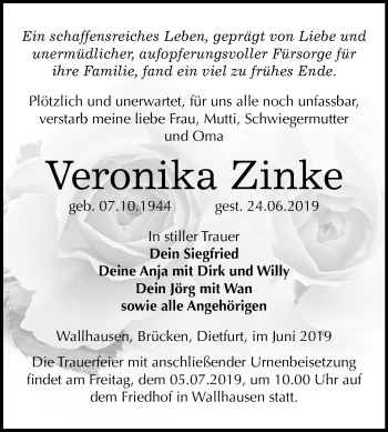 Traueranzeige von Veronika Zinke von Mitteldeutsche Zeitung Sangerhausen