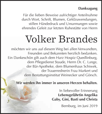 Traueranzeige von Volker Brandes von Super Sonntag Bernburg