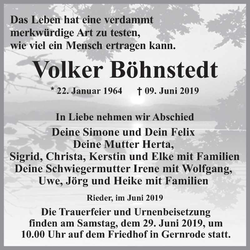  Traueranzeige für Volker Böhnstedt vom 15.06.2019 aus WVG - Wochenspiegel Quedlinburg