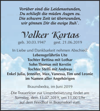 Traueranzeige von Volker Kortas von WVG - Wochenspiegel Merseburg