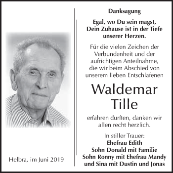 Traueranzeige von Waldemar Tille von Super Sonntag SGH Mansf. Land