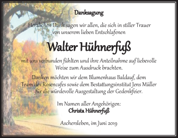 Traueranzeige von Walter Hühnerfuß von Mitteldeutsche Zeitung Aschersleben