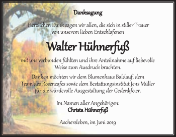 Traueranzeige von Walter Hühnerfuß von Super Sonntag Aschersleben