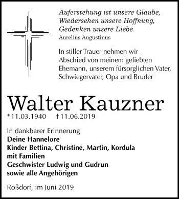 Traueranzeige von Walter Kauzner von Mitteldeutsche Zeitung Bitterfeld