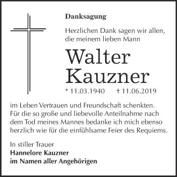 Traueranzeige von Walter Kauzner von WVG - Wochenspiegel Bitterfeld