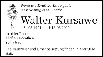 Traueranzeige von Walter Kursawe von WVG - Wochenspiegel Dessau / Köthen