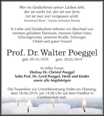 Traueranzeige von Walter Poeggel von WVG - Wochenspiegel Merseburg