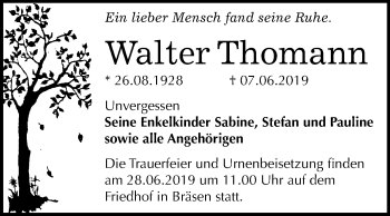 Traueranzeige von Walter Thomann von Mitteldeutsche Zeitung Wittenberg