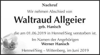 Traueranzeige von Waltraud Allgeier von Super Sonntag Wittenberg