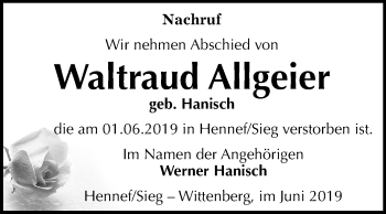 Traueranzeige von Waltraud Allgeier von Mitteldeutsche Zeitung