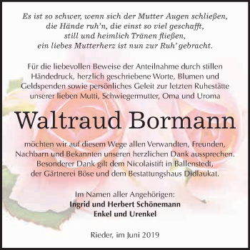 Traueranzeige von Waltraud Bormann von WVG - Wochenspiegel Quedlinburg