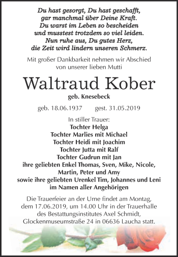 Traueranzeige von Waltraud Kober von WVG - Wochenspiegel NMB / WSF / ZTZ