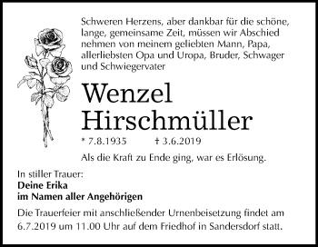 Traueranzeige von Wenzel Hirschmüller von Mitteldeutsche Zeitung Bitterfeld