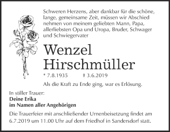 Traueranzeige von Wenzel Hirschmüller von WVG - Wochenspiegel Bitterfeld