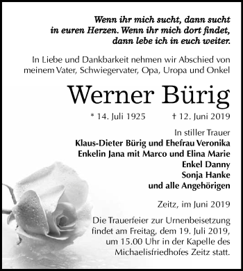Traueranzeige von Werner Bürig von WVG - Wochenspiegel NMB / WSF / ZTZ