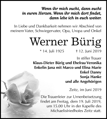 Traueranzeige von Werner Bürig von Mitteldeutsche Zeitung Zeitz