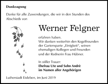 Traueranzeige von Werner Felgner von Mitteldeutsche Zeitung