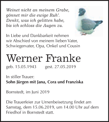 Traueranzeige von Werner Franke von Super Sonntag SGH Mansf. Land
