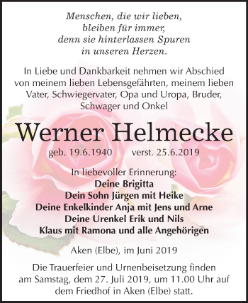 Traueranzeige von Werner Helmecke von Mitteldeutsche Zeitung Köthen