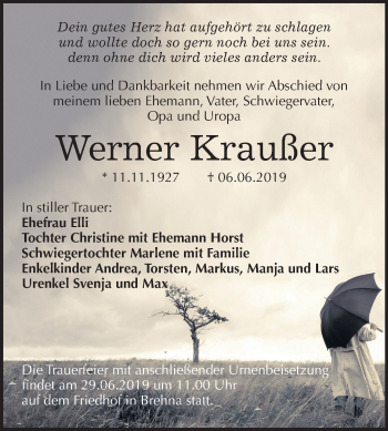 Traueranzeige von Werner Kraußer von Mitteldeutsche Zeitung Bitterfeld