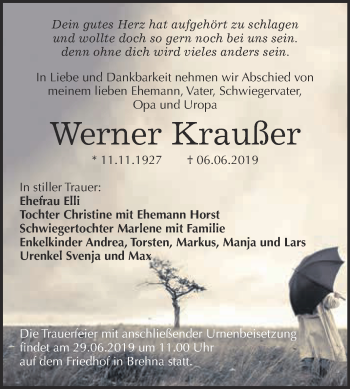 Traueranzeige von Werner Kraußer von WVG - Wochenspiegel Bitterfeld