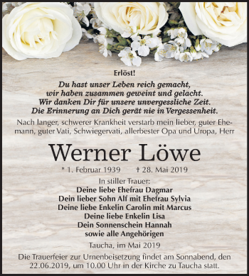Traueranzeige von Werner Löwe von Mitteldeutsche Zeitung Weißenfels
