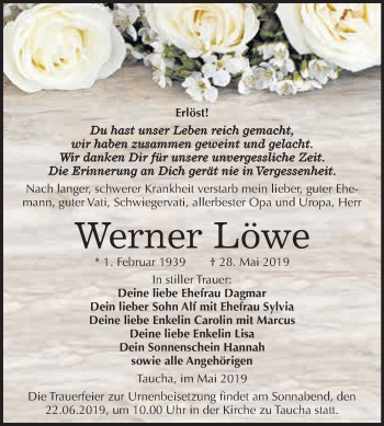 Traueranzeige von Werner Löwe von WVG - Wochenspiegel NMB / WSF / ZTZ