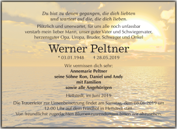Traueranzeige von Werner Peltner von Mitteldeutsche Zeitung