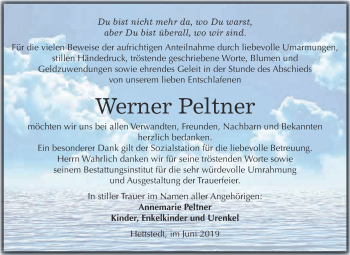 Traueranzeige von Werner Peltner von Wochenspiegel Mansfelder Land