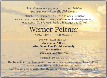 Traueranzeige von Werner Peltner von Wochenspiegel Mansfelder Land