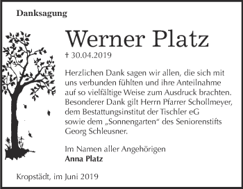 Traueranzeige von Werner Platz von WVG - Wochenspiegel Wittenberg