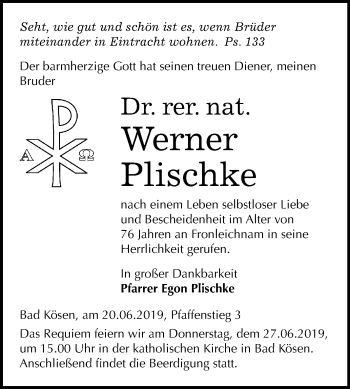 Traueranzeige von Werner Plischke von Mitteldeutsche Zeitung