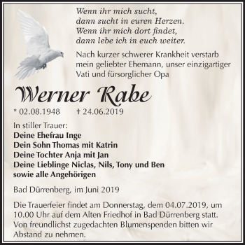 Traueranzeige von Werner Rabe von Mitteldeutsche Zeitung Merseburg/Querfurt