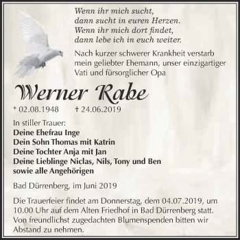 Traueranzeige von Werner Rabe von Super Sonntag Merseburg