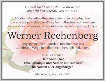 Traueranzeige von Werner Rechenberg von Mitteldeutsche Zeitung Merseburg/Querfurt