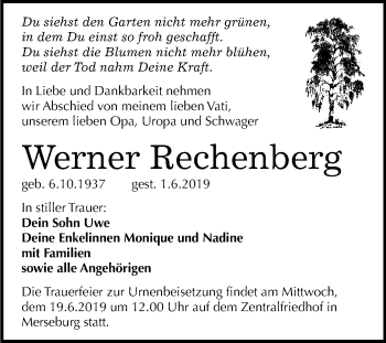 Traueranzeige von Werner Rechenberg von WVG - Wochenspiegel Merseburg