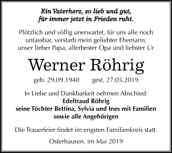 Traueranzeige von Werner Röhrig von Wochenspiegel Mansfelder Land