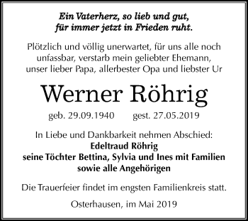 Traueranzeige von Werner Röhrig von Mitteldeutsche Zeitung Mansfelder Land
