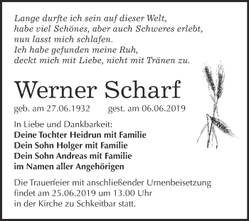 Traueranzeige von Werner Scharf von WVG - Wochenspiegel NMB / WSF / ZTZ