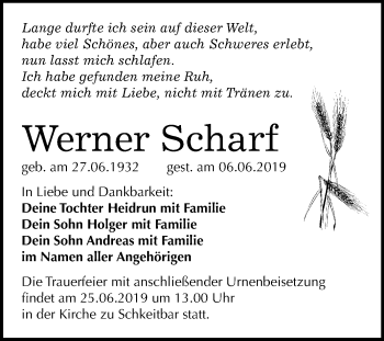 Traueranzeige von Werner Scharf von Mitteldeutsche Zeitung Weißenfels